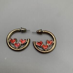 Vintage Gold Tone Heart Hoop Earrings Red Enamel Y2K